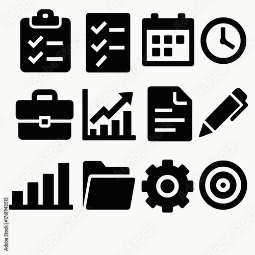 Project Management silhouette set: clipboard, checklist, calendar, clock, briefcase, chart, document, pen, bar graph, folder, gear, target.