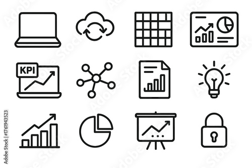 Digital Audience Analytics outline icon set: laptop, cloud sync, data grid, analytics dashboard, KPI chart, network nodes, report file, insight icon, growth line, statistics icon,