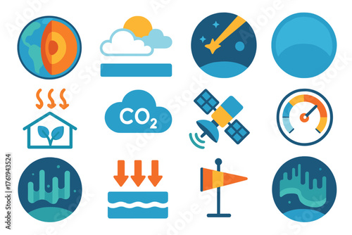 Atmosphere Science flat icons: layered Earth cross-section, stratosphere icon, mesosphere icon, thermosphere icon, exosphere outline, greenhouse gas icon, CO2 cloud, weather