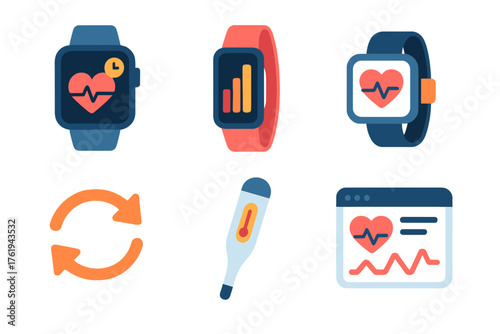 Wearable Health flat icons: smartwatch, fitness band, pulse monitor, data sync arrows, temperature sensor, health dashboard.
