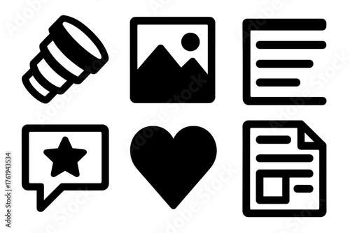 Item Details silhouette set: zoom lens, product image, description text, review bubble, heart icon, spec sheet.
