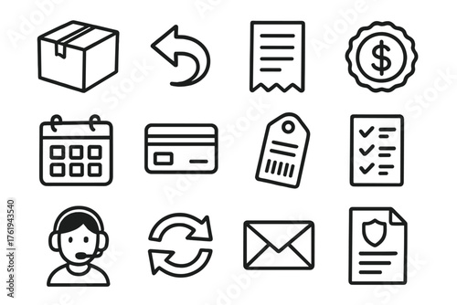 Return Policies set of icons in doodle hand-drawn vector style: box icon, return arrow, receipt, refund badge, calendar, credit card, shipping label, checklist, customer support