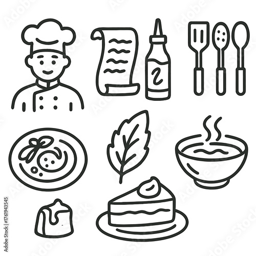 Creative Recipes set of icons in doodle hand-drawn vector style: chef icon, recipe scroll, sauce bottle, cooking utensils, food art plate, herb leaf, bowl of soup, dessert slice.