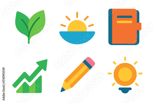 2026 Fresh Start flat icons: new leaf, sunrise horizon, planner, pencil, growth arrow, light glow.