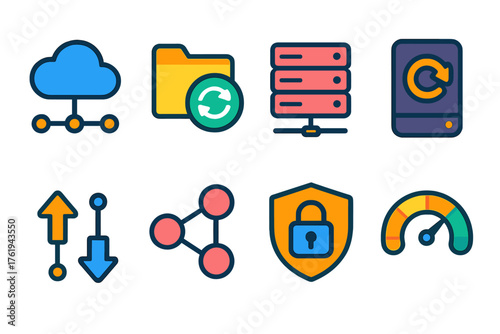 Digital Storage Systems flat icons: cloud network, file sync icon, server rack, backup drive, data flow arrows, connection icon, shield lock, bandwidth meter.