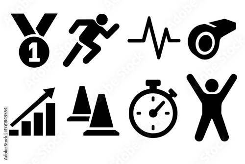 Sports Excellence silhouette set: medal symbol, runner icon, pulse graph, whistle, performance chart, training cones, stopwatch, victory pose. , , High resolution, sharp