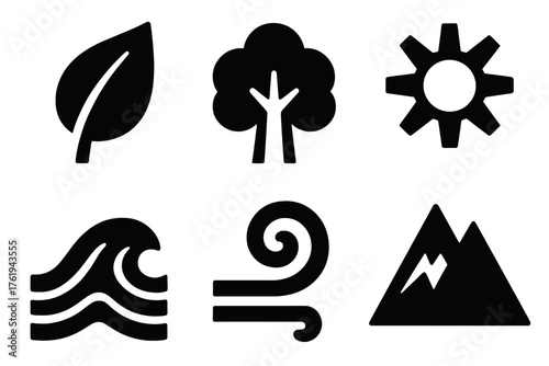 Nature trends silhouette set: leaf, tree, sun, wave, wind swirl, mountain.