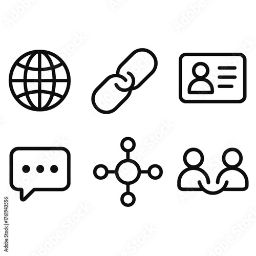 Digital Networking outline icon set: globe symbol, link chain, professional card, online chat, data nodes, collaboration icon.