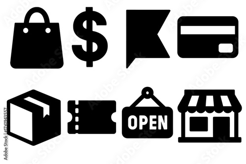 Sale silhouette set: shopping bag, dollar sign, sale banner, credit card, package, coupon, open sign, store front.