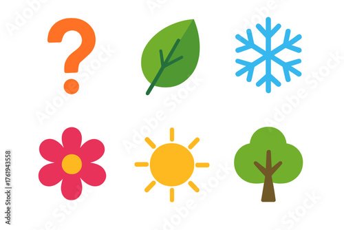 Seasonal Guessing flat icons: question mark, leaf, snowflake, flower, sun, tree.