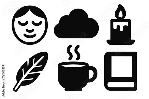 Peaceful sleep silhouette set: sleeping face, cloud, candle, feather, tea cup, book.