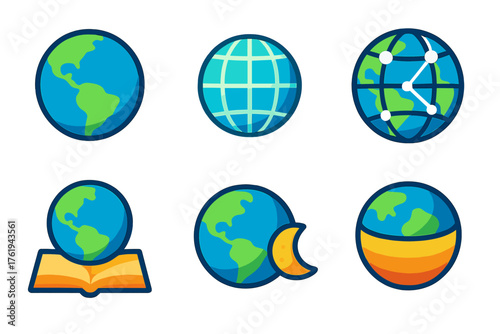 Globe flat icons: half globe, glowing sphere, globe with connection lines, globe with book, moon near earth, layered globe.