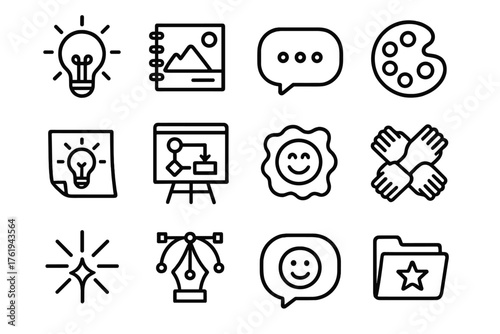 Creative Workplace Chat outline icon set: lightbulb, sketchbook, chat bubble, color palette, idea post-it, whiteboard, doodle icon, teamwork hands, inspiration spark, pen tool,