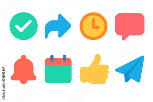 Quick Actions flat icons: checkmark, reply arrow, clock, message, bell, calendar, thumbs up, paper plane.