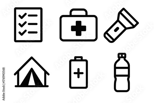 Emergency Prep outline icon set: checklist, first aid kit, flashlight, shelter icon, battery pack, water bottle.