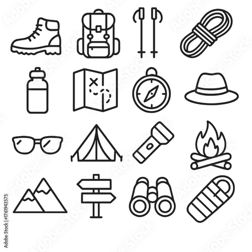 Trekking outline icon set: hiking boots, backpack, trekking poles, rope, water bottle, map, compass, hat, sunglasses, tent, flashlight, campfire, mountain peak, trail sign,