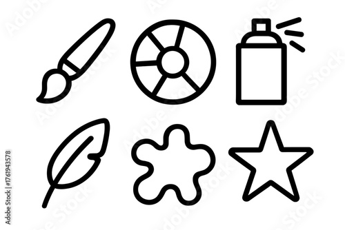 Artistic filter outline icon set: paintbrush, color wheel, spray can, feather, abstract shape, star.