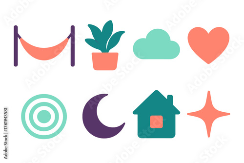 Calm Living flat icons: hammock, plant, soft cloud, heart, cozy home, water ripple, moon, light spark.