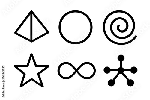 Abstract credential scan outline icon set: prism, circle, spiral, star, infinity loop, nodes.