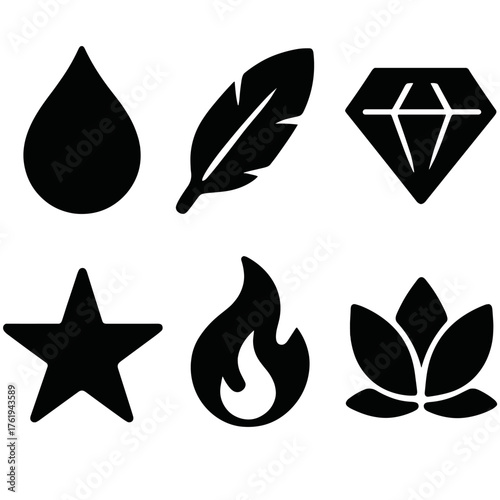 Pure intent silhouette set: droplet, feather, diamond, star, flame, lotus.