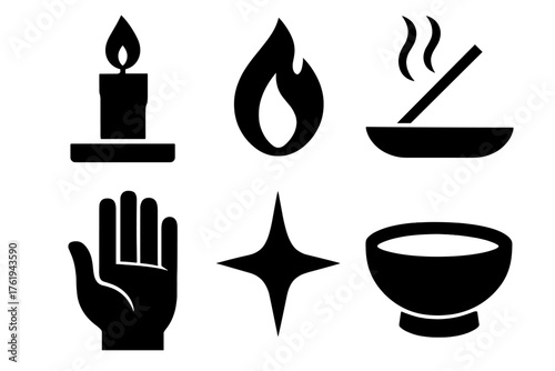 Candlelight Rituals silhouette set: candle, flame, incense, bowl, hand, star.