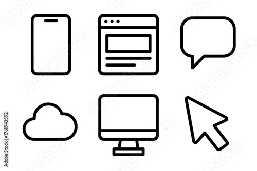 Digital blurb outline icon set: smartphone, app window, chat bubble, cloud, screen, cursor.