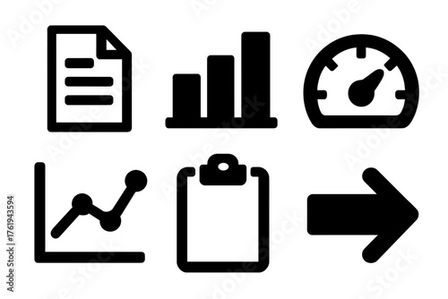 Analytics Components silhouette set: document, bar set, gauge, trend line, clipboard, arrow.