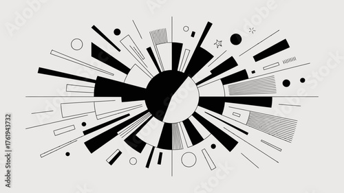 Abstract geometric explosion of black lines and shapes radiating outwards from a central dark circle on a light gray background