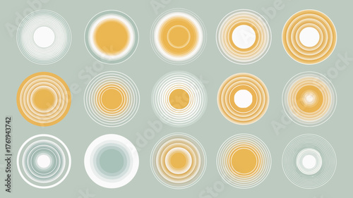 Abstract concentric circles and ovals with soft gradients in warm yellow and cool white hues on a muted gray background