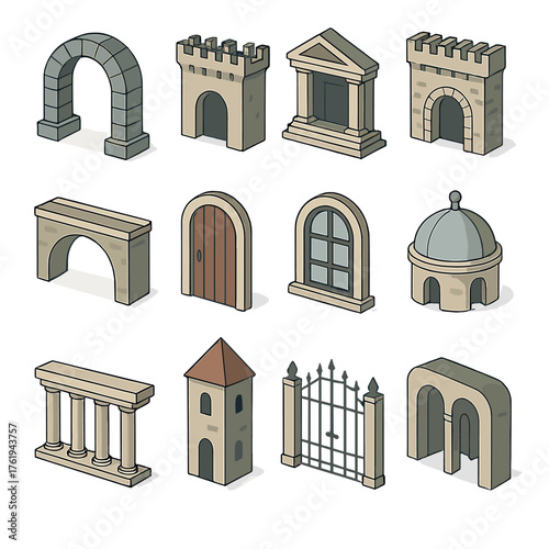 Architectural portal set icons in modern isometric flat vector style: stone arch, city gate, temple entrance, castle gate, bridge arch, wooden door, window arch, dome, colonnade,