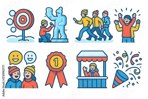 Winter Competitions Festival Games flat icons: snowball target, ice sculpture contest, relay race, crowd cheering, laughter bubbles, prize ribbon, winter booth, confetti swirl.