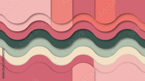 Abstract wavy layered paper cutouts in warm coral pink and muted green tones creating a visually pleasing and modern background design