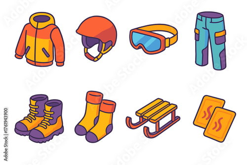 Snow Day Outfits Outdoor Fun flat isometric set: ski jacket, snowboard helmet, goggles, insulated pants, waterproof boots, wool socks, sled, hand warmers.