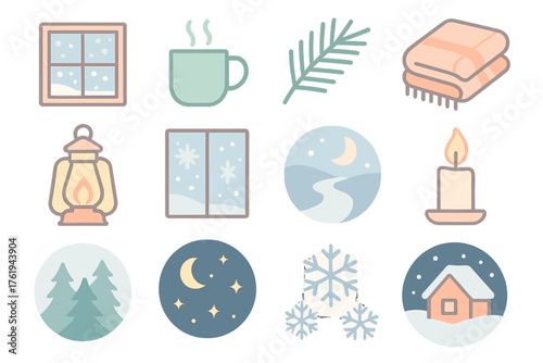 Candlelight Traditions Winter — Soft Pastel Icons flat icons: snowy window, steaming mug, pine branch, cozy blanket, lantern glow, frosted glass, moonlit path, gentle flame, misty