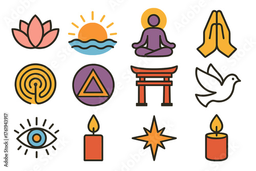 Spiritual direction flat icons: lotus flower, sunrise, meditating figure, prayer hands, halo, labyrinth, sacred geometry, temple gate, dove, inner eye, candle flame, guiding star.