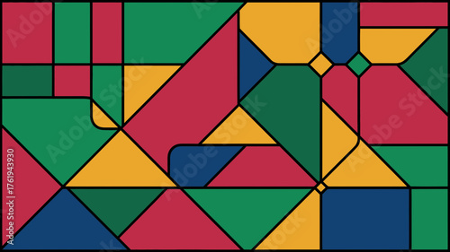 Abstract geometric stained glass pattern with bold primary colors and dark outlines creating a vibrant mosaic effect