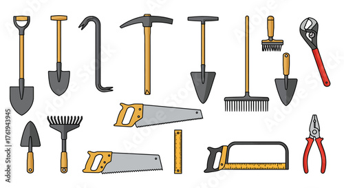 Variety of Gardening and Construction Tools Shovels, Saws, and More