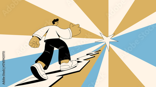 Man walking up a cracked path towards a bright star symbolizing achieving goals and future success
