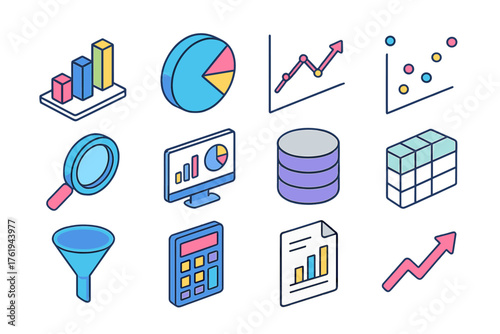 Analytical Tools Set flat isometric set: bar chart, pie chart, line graph, scatter plot, magnifying glass, dashboard screen, database cylinder, spreadsheet grid, filter funnel,