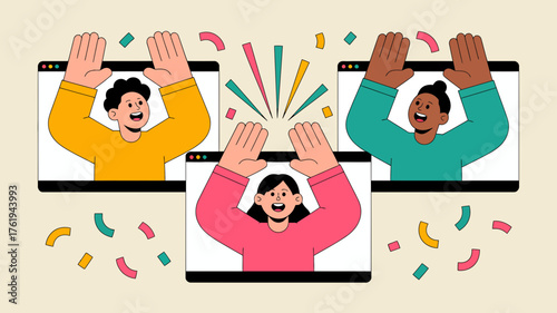 Diverse group of friends celebrating together virtually with confetti and fireworks appearing from their screens