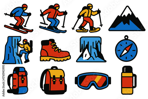 Winter Adventures Outdoor — Bright Flat Icons silhouette set: skiing, snowboarding, snowshoeing, sledding, ice climbing, hiking boots, frozen waterfall, mountain peak, compass,