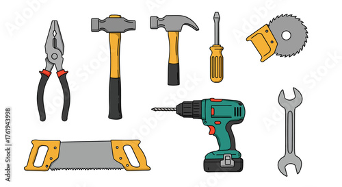 Hand Tools Collection Hammer, Screwdriver, Drill, Saw, Pliers, and Wrench