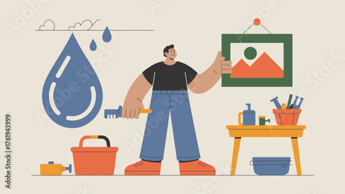 Man painting a large water drop illustration with a paintbrush and bucket representing water conservation and environmental care concepts