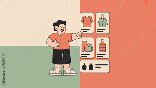 Young man enthusiastically pointing at a display of various products in a modern retail setting with colorful background