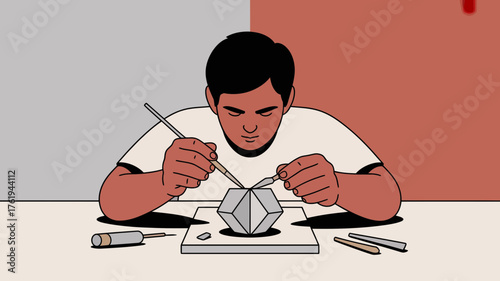 Focused craftsman meticulously carving a geometric sculpture with precision tools on a workbench