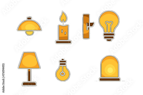 Warm Illumination outline icon set: pendant light, flickering candle, wall light, glowing bulb, night lamp, golden hue, light beam, floor glow. , , High resolution, sharp