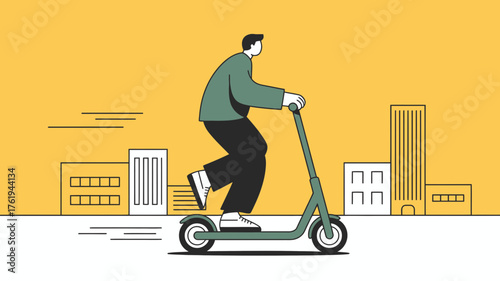 Modern man riding an electric scooter through a stylized cityscape with minimalist buildings and a bright yellow background