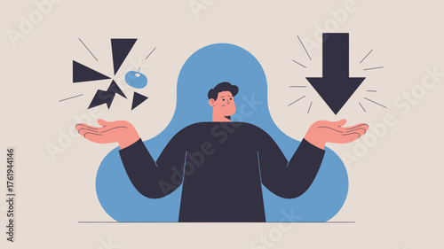 A person stands with open hands facing a dilemma of broken pieces and a downward arrow symbolizing decision making challenges