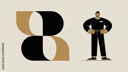 Modern graphic design featuring a stylized abstract shape and a confident standing man in a black uniform with hands on hips