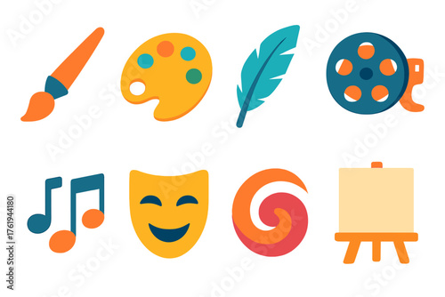 Creative Intent flat icons: paintbrush, palette, quill pen, film reel, music notes, theater mask, abstract swirl, canvas.